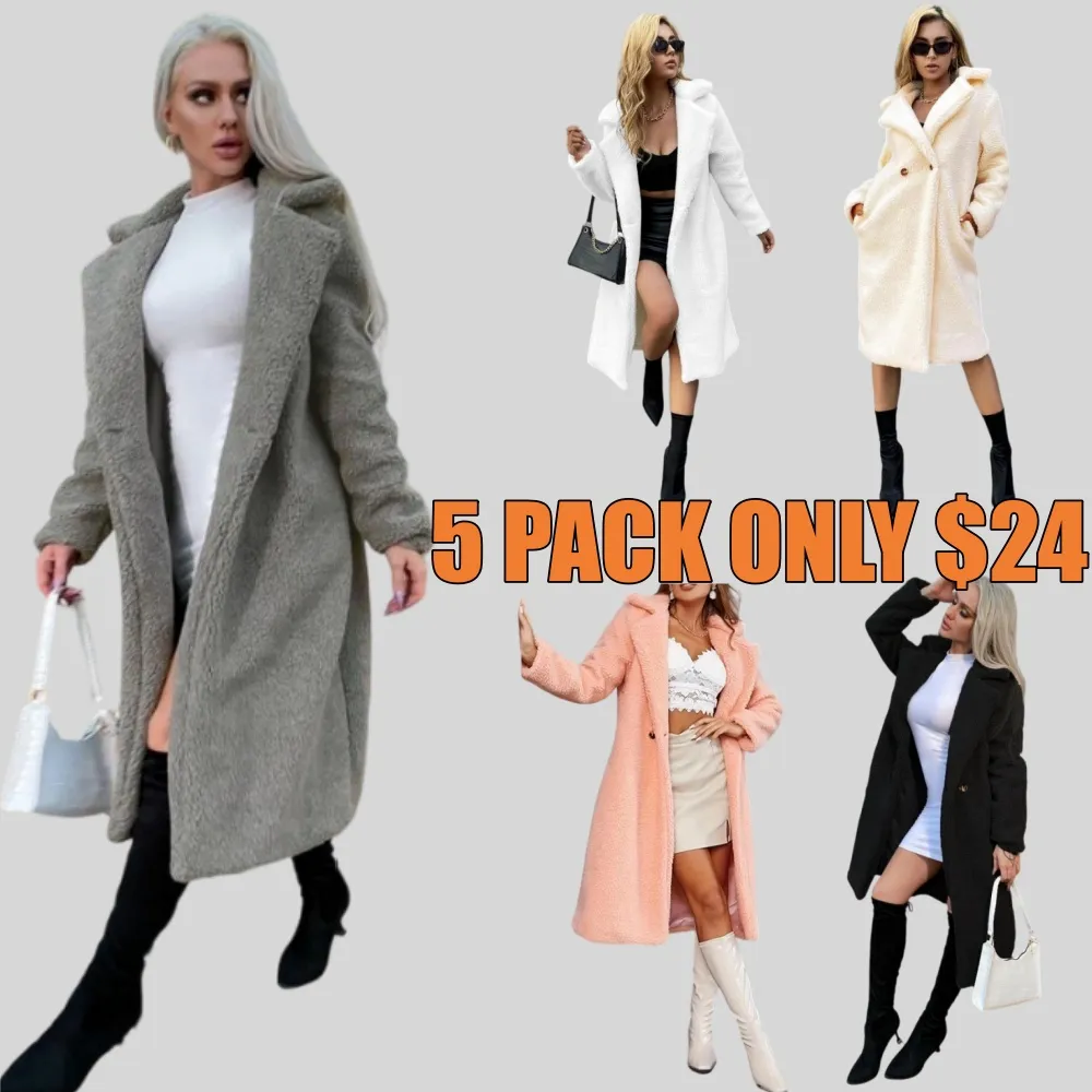 Women Faux Fur Pocket Button Lapel Coat