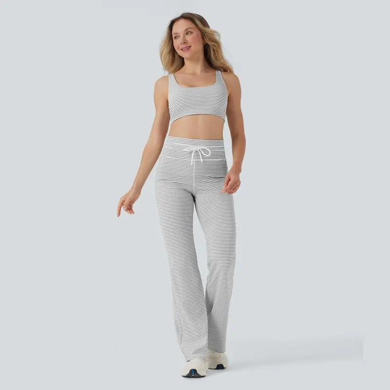 High Waisted Drawstring Stripe Flare Yoga Pants with Pockets
