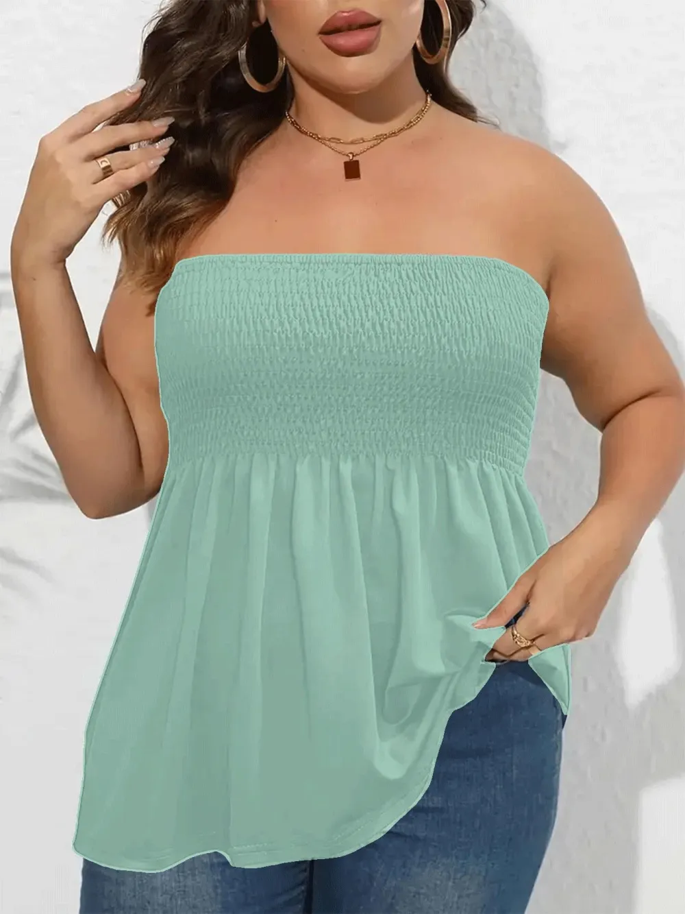 Plus Size Solid Ruffle Hem Shirred Tube Top, Boho Fashion Chic Style Tops, Lady Strapless Top
