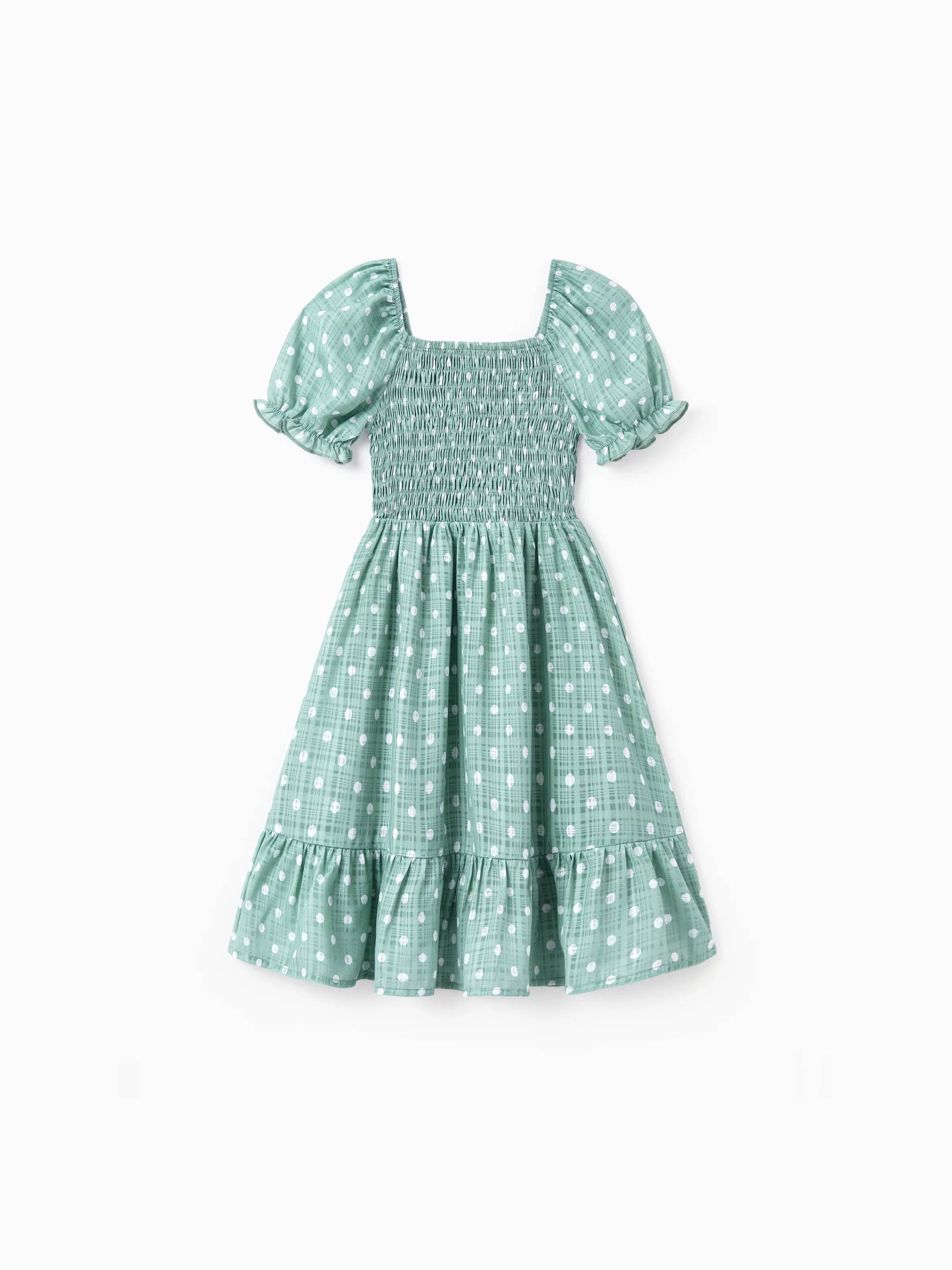 Family Matching T-Shirt & Dress Set Polka Dot Puff-sleeve Dress for Mom, Daughter & Baby, Color Block Cotton Tee for Dad & Son, Perfect for Family Outings & Photos Light Green