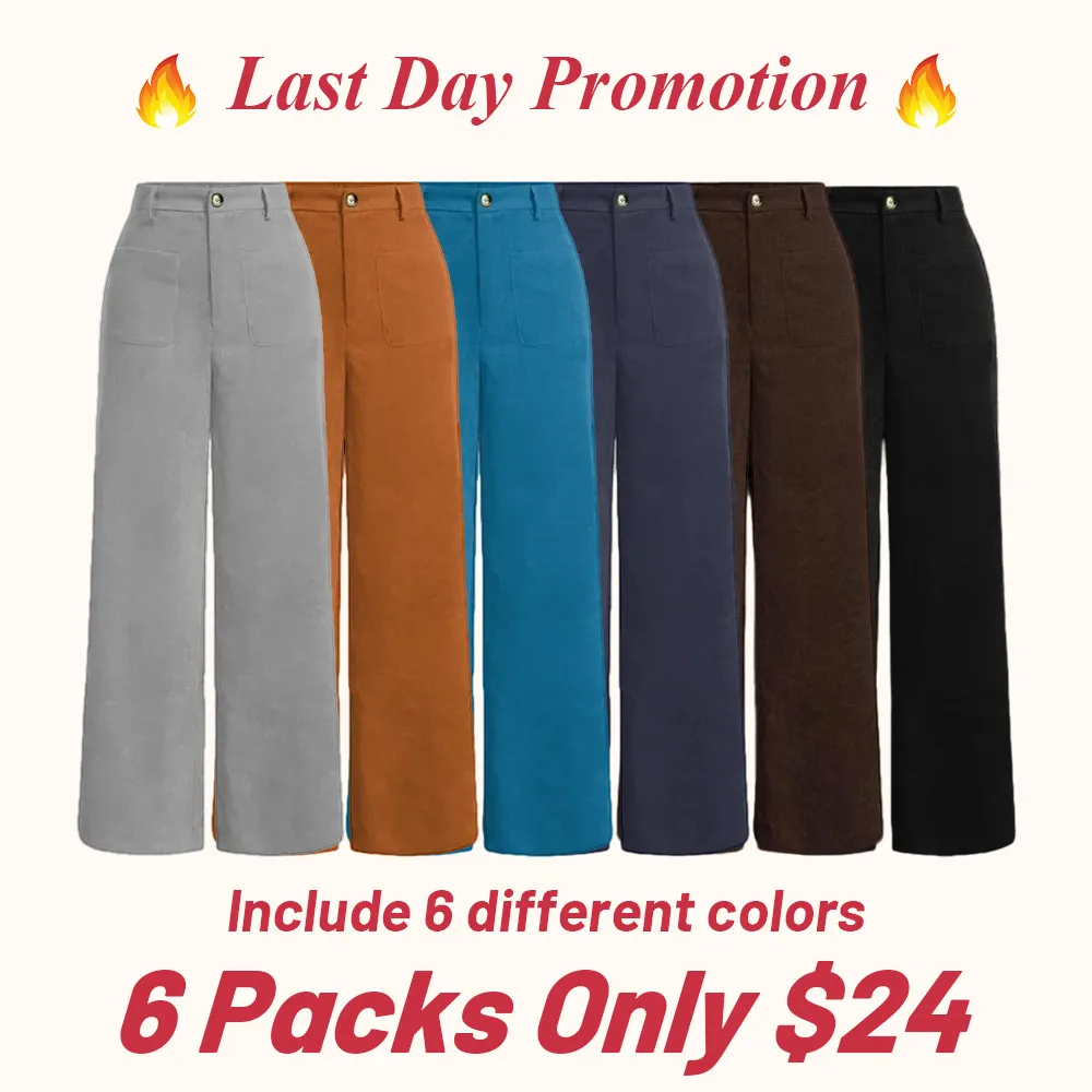 Women's solid color wide-leg pants with pockets and buttons