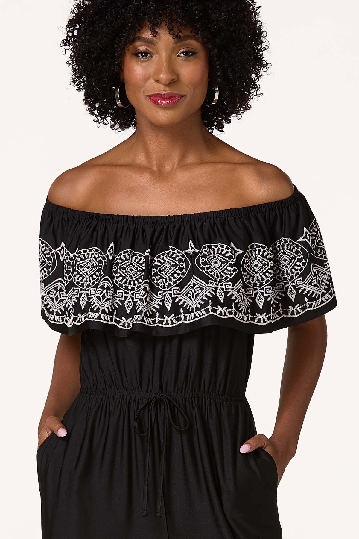 Flounced Off Shoulder Embroidered Jumpsuit