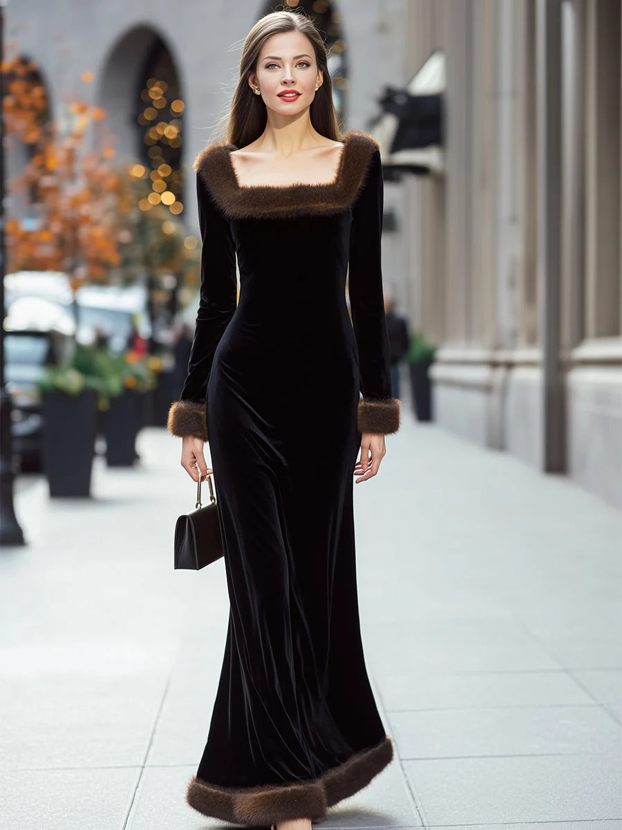 Luxurious Black Velvet Gown With Faux Fur Trim