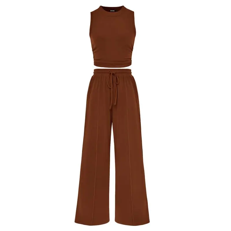 Women's Summer 2-Piece Outfits - Ribbed Knit Crew Neck Sleeveless Cropped Top & Wide Leg Pants Lounge Set