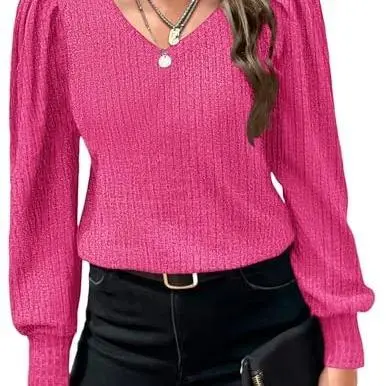 Women's Knit Shirt Soft Puff Long Sleeve Blouse Tops