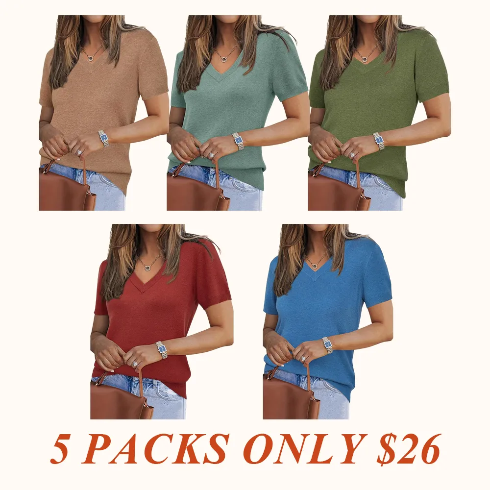 Womens Wool Blend Sweater Soft V Neck Short Sleeve Spring Fashion Pullover Tops