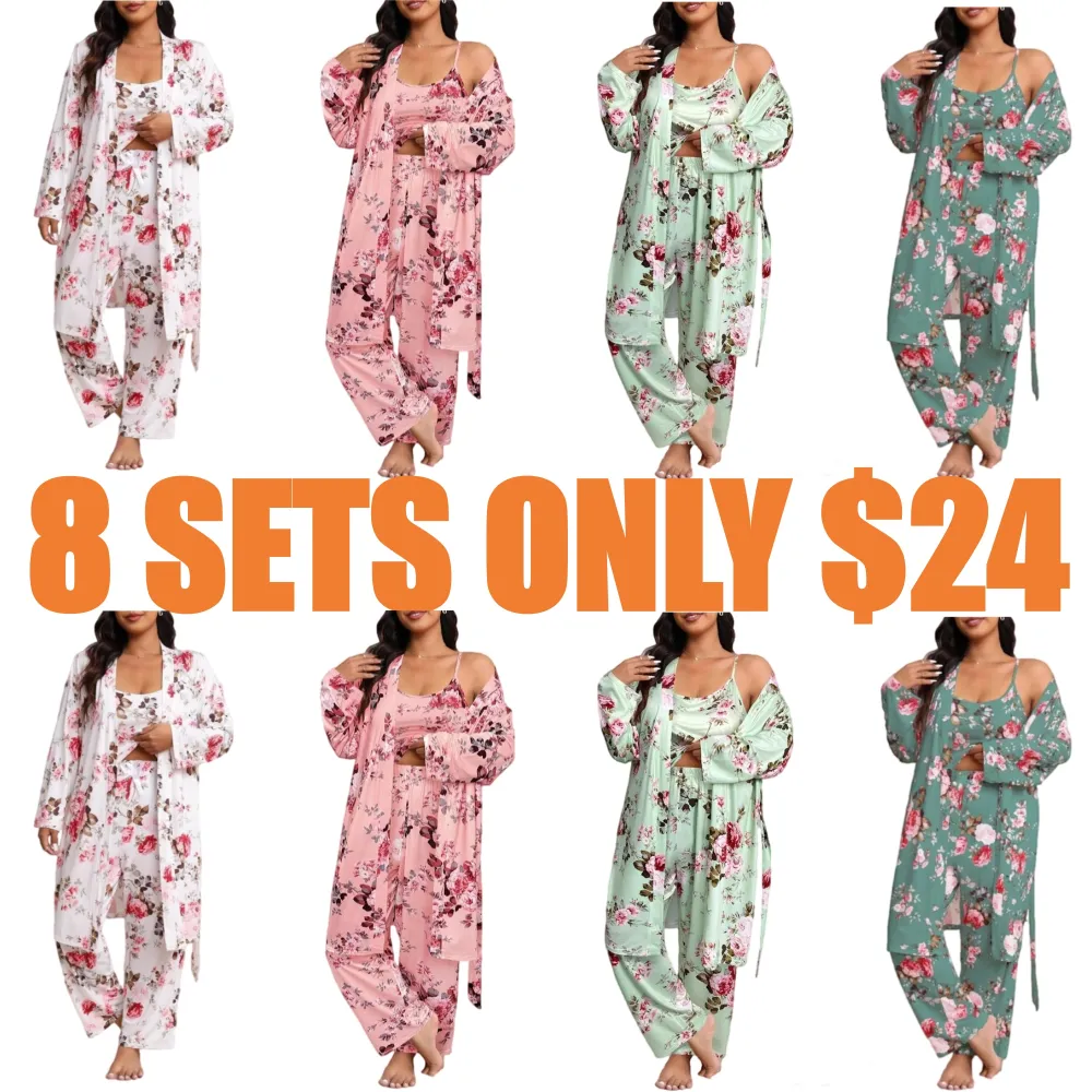 3-Piece Set Floral Print Belted Lounge Robe & Cami Top & Elastic