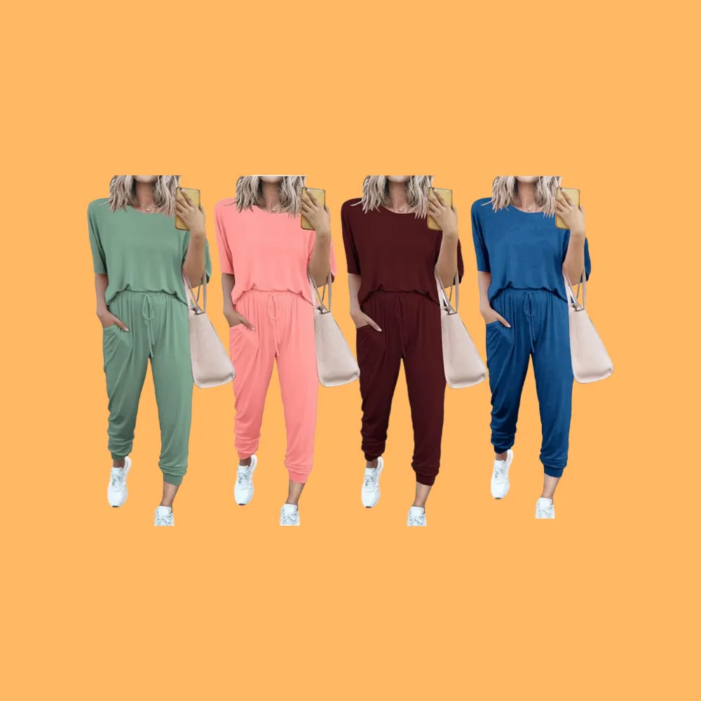 Women's 2-Piece Crew Neck Short Sleeve Tracksuit Jogger Set