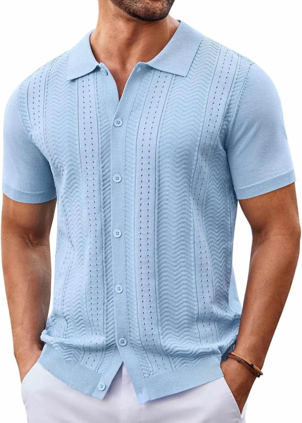 Mens Knit Button Down Shirt Short Sleeve Summer Casual Shirts Vintage Beach Vacation Shirts