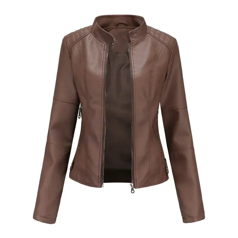 Women's Slim Fit Faux Leather Jacket Stand Collar Motorcycle Style Spring Autumn