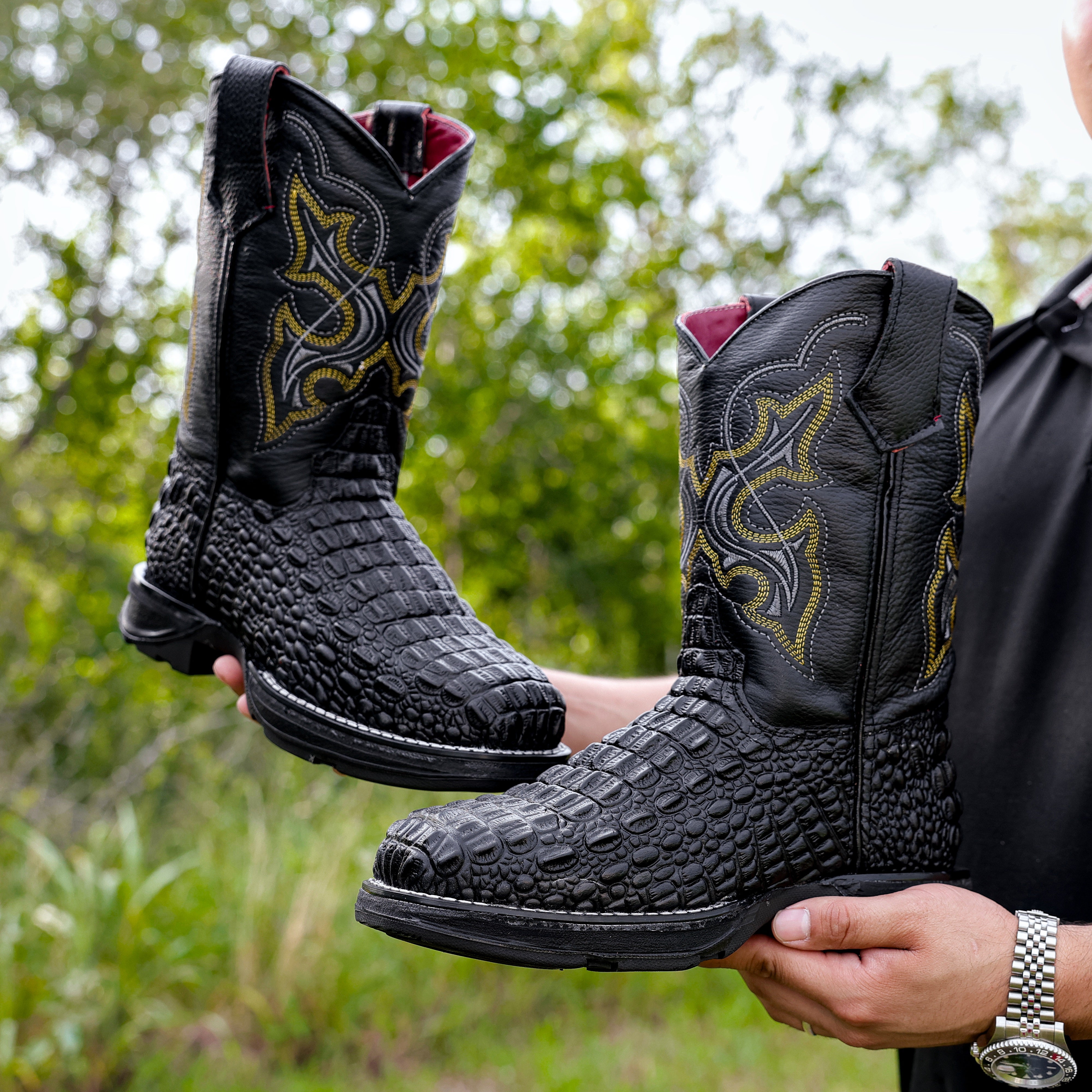 Black Caiman Hornback Leather Boots With 3D Lightweight BLACK EDITION Sole - Composite Toe
