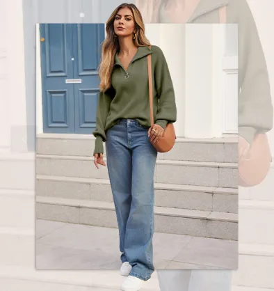 Women's Long Sleeve 14 Zip Oversized Ribbed Knit Tunic Sweater