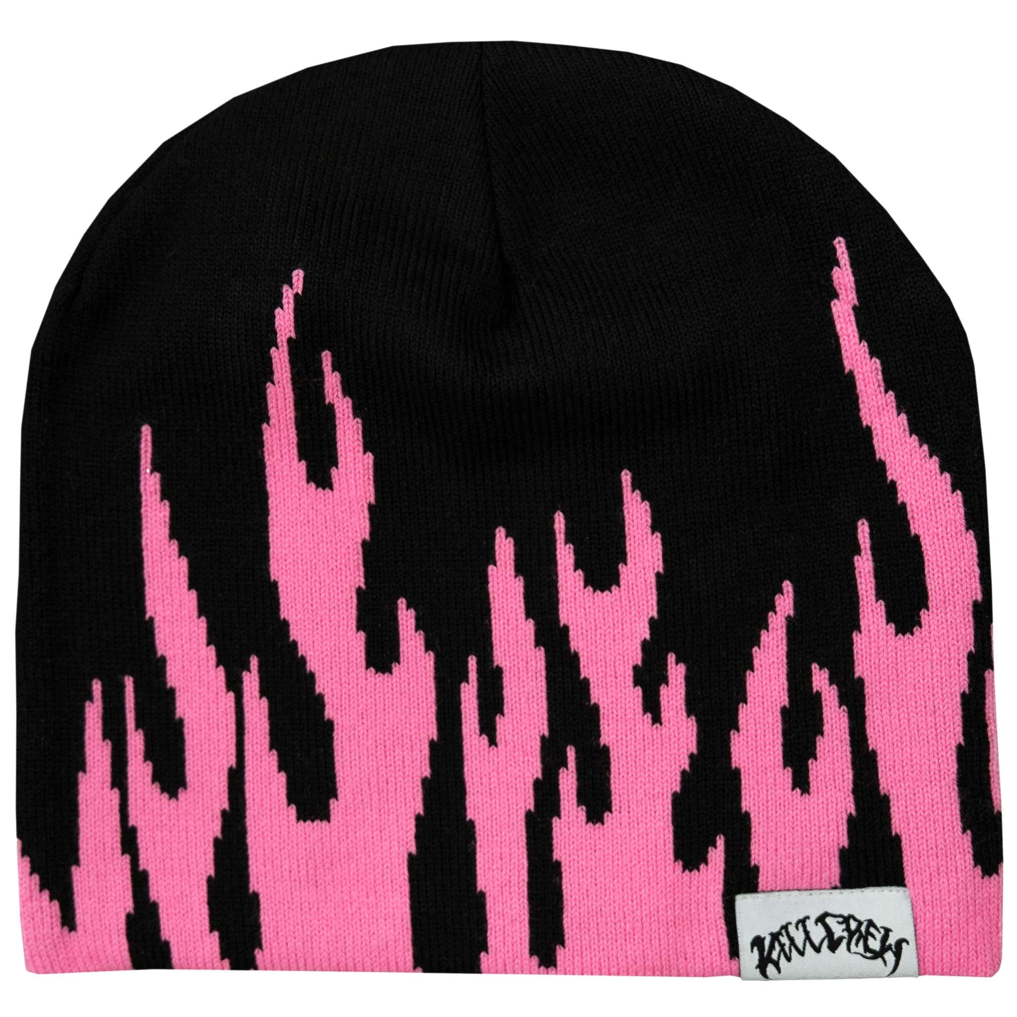 FLAME SKULL CAP BEANIE - BLACK / PINK