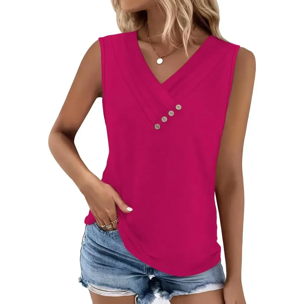 Women Summer Button Down V Neck T Shirts Sleeveless Loose Fit Fashion Tops