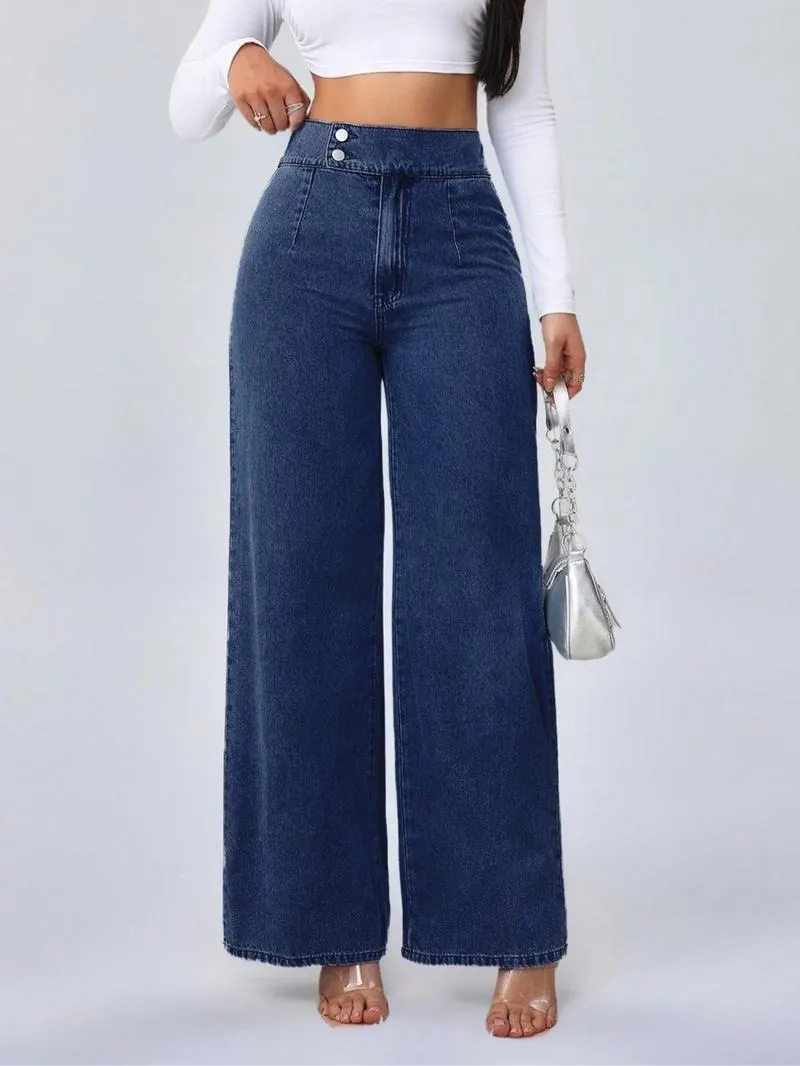 Women's vintage elegant high-waisted wide-leg jeans
