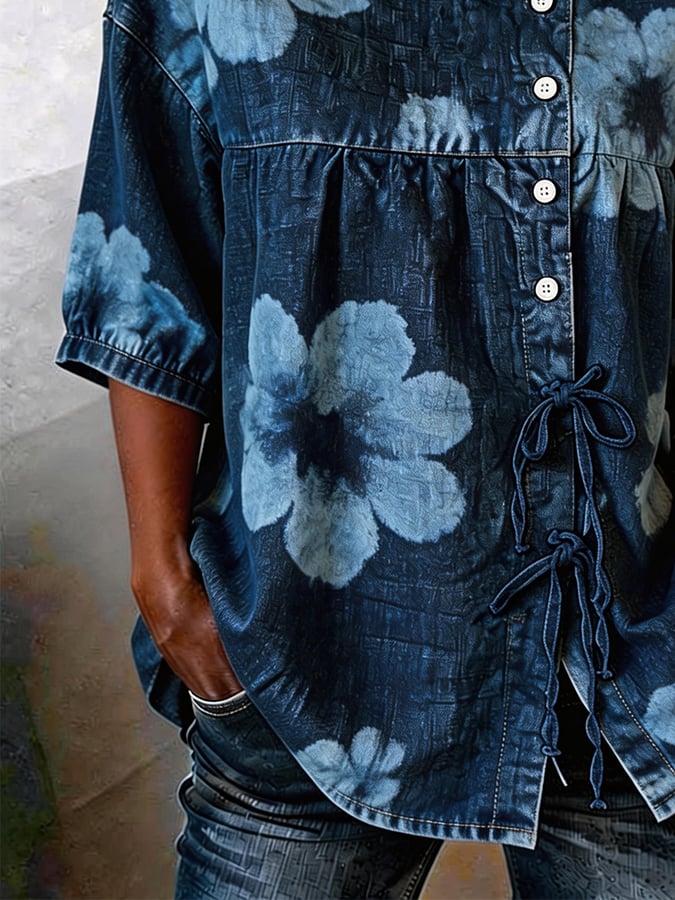 Women's denim casual printed short-sleeved top