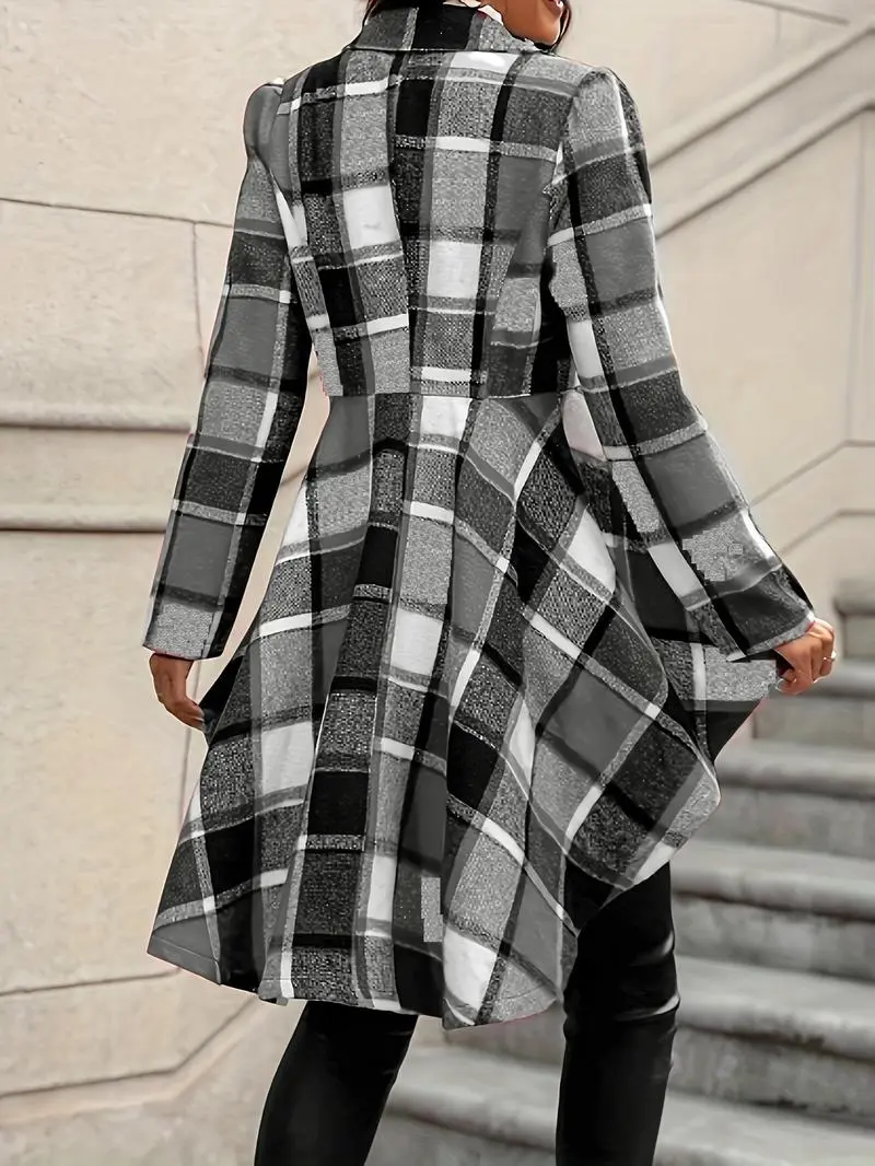 Women's Plaid Print Button High Low Hem Jacket