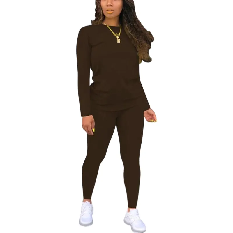 Women's Minimalist Chic Solid Long Sleeve Tee & Elastic Waist Pants Set