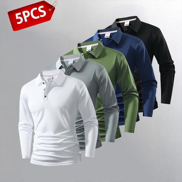 5-Piece Set Men's Long Sleeve Polos — Variety of Colors, Suitable for Everyday & Casual Wear Clothes Work White