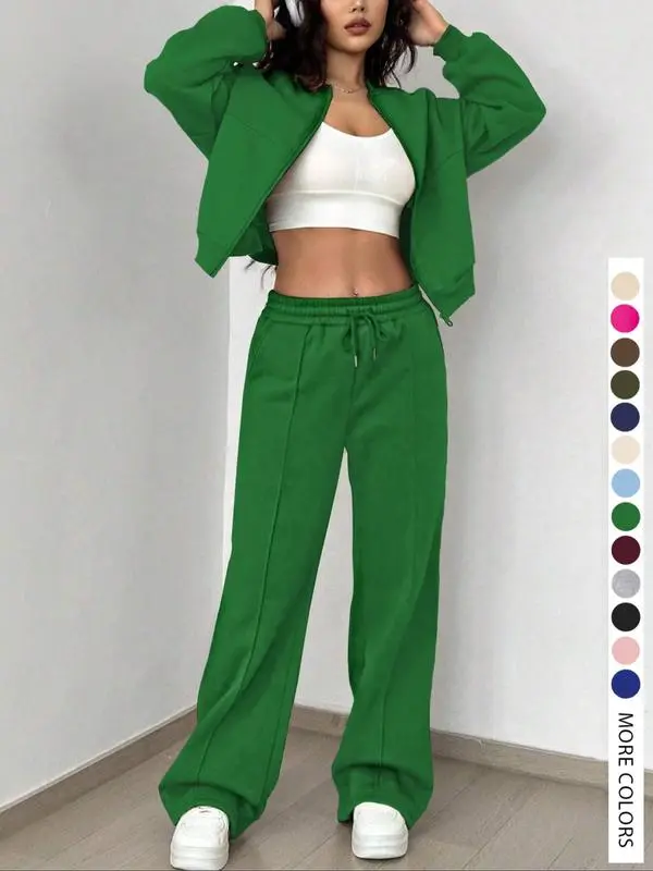 Two-piece Set Women's Solid Zip Up Drop Shoulder Jacket & Pocket Elastic Waist Pants