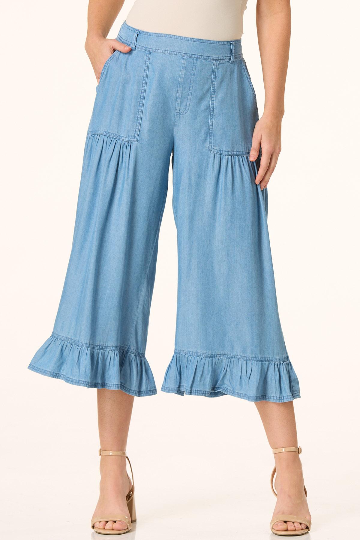 Cropped Ruffled Chambray Pants