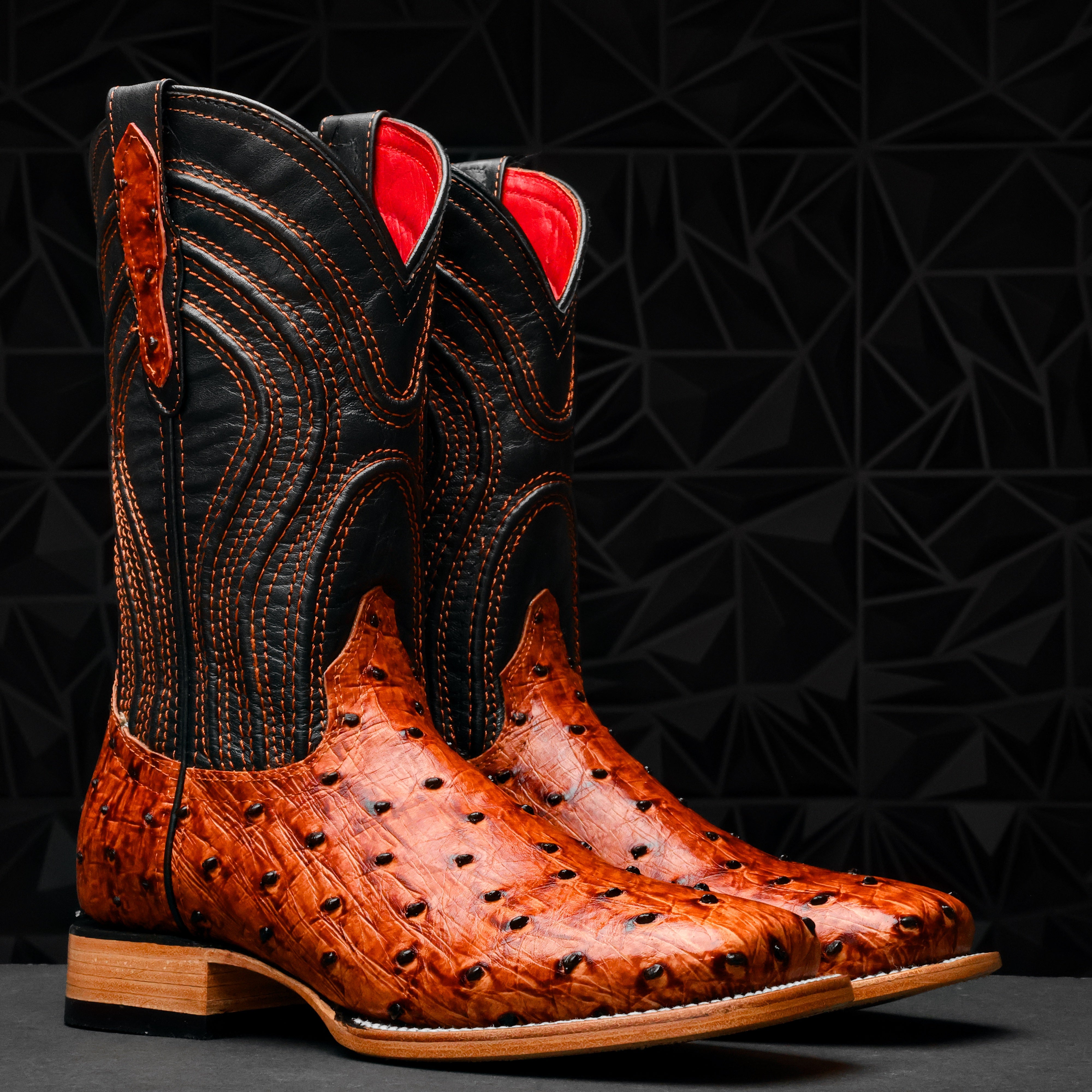 Cognac Ostrich Leather Boots - Square Toe