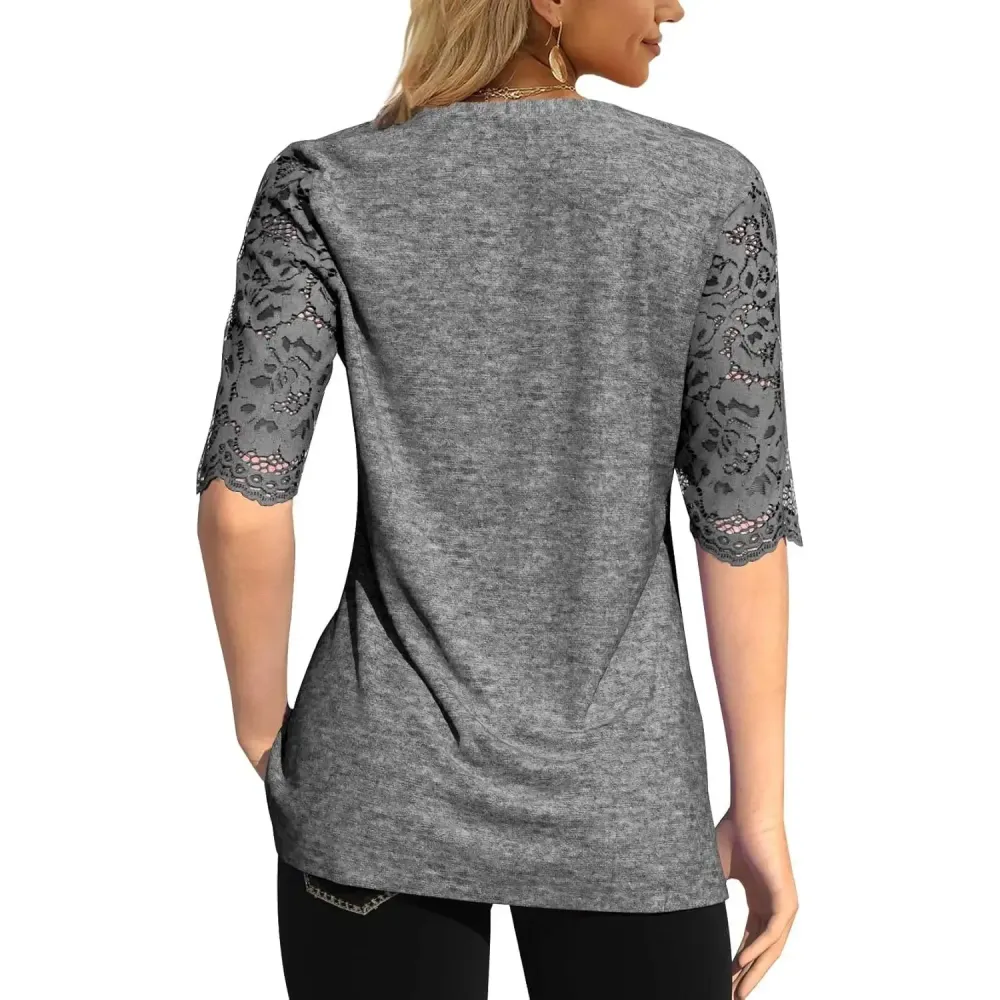 Women's Lace Sleeve Summer T-Shirt V-Neck Botton Up Basic Solid Color Casual Tunic Tops