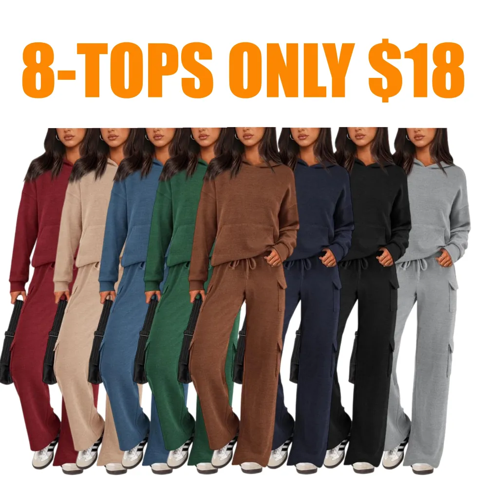 Women’s Casual Knit Tracksuit – Hoodie & Wide Leg Pants with Pockets