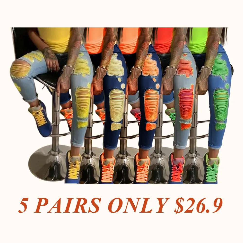 Women's Fashion Yellow Ripped Distressed Skinny Jean Slim Fit Denim Pants