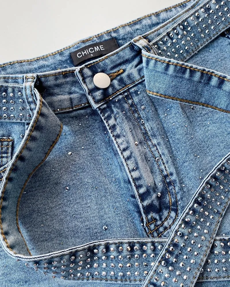 Women's Allover Rhinestone Decor High Waist Zipper Fly Jeans Casual Wide Leg Loose Fit Denim Pants