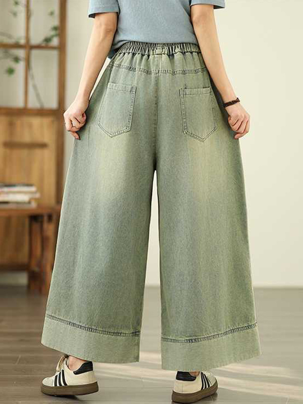 Elasticity Pleated Pockets Loose Wide Leg Trousers Jean Pants Bottoms