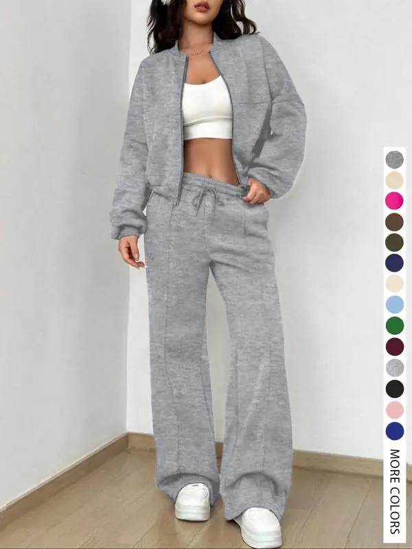 Two-piece Set Women's Solid Zip Up Drop Shoulder Jacket & Pocket Elastic Waist Pants