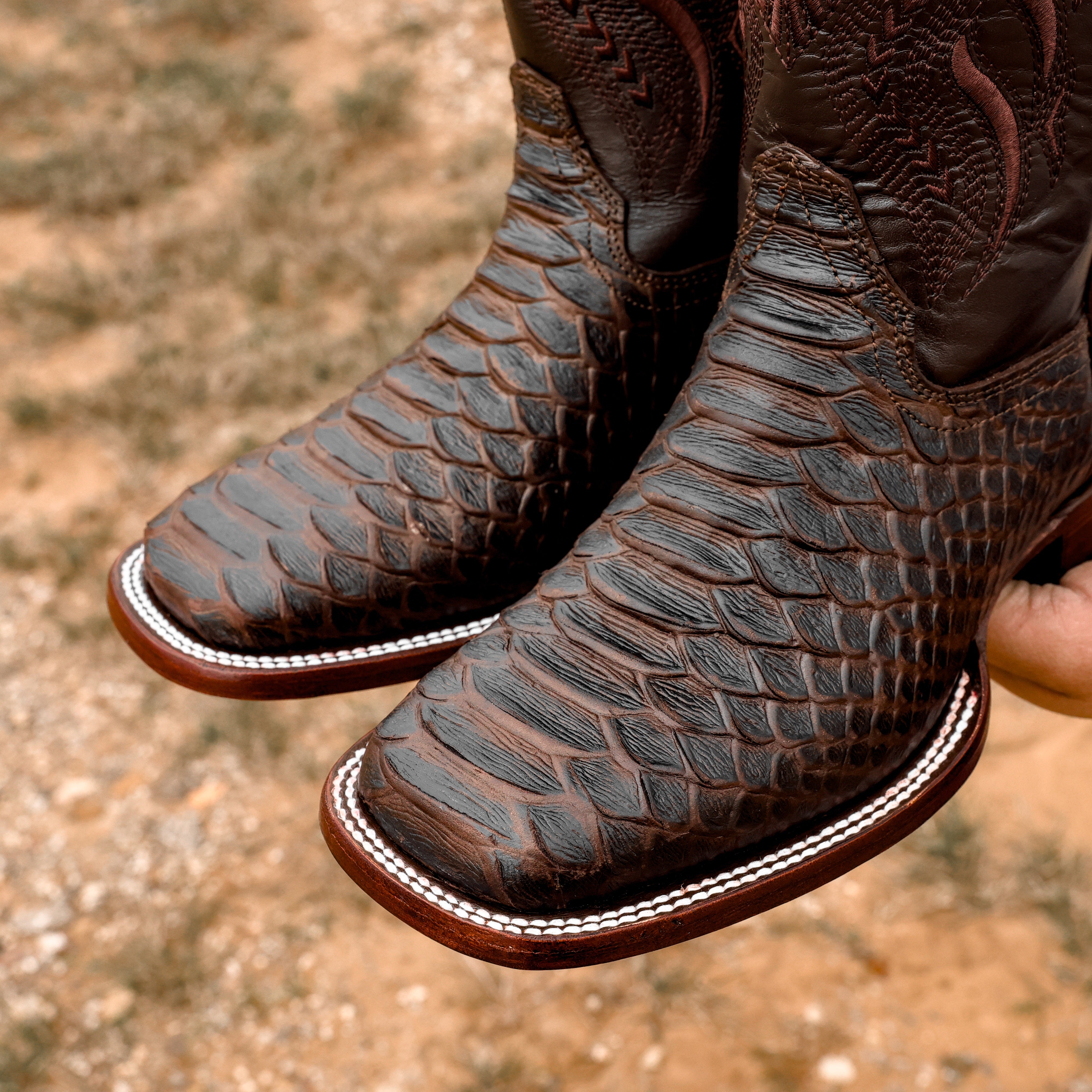 Matte Brown Python Leather Boots - Square Toe