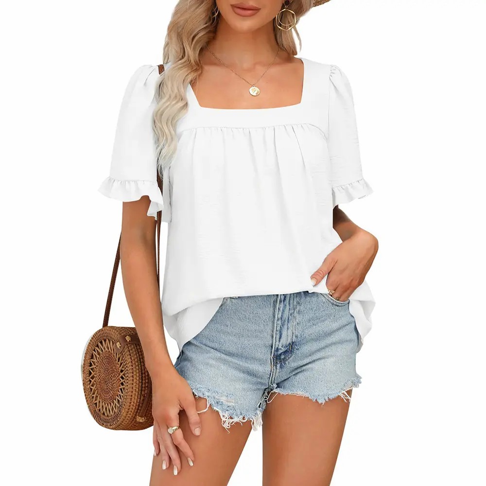 Coquette Blouse | Women's Square Neck Peplum Top with Whimsical Ruffle Sleeves