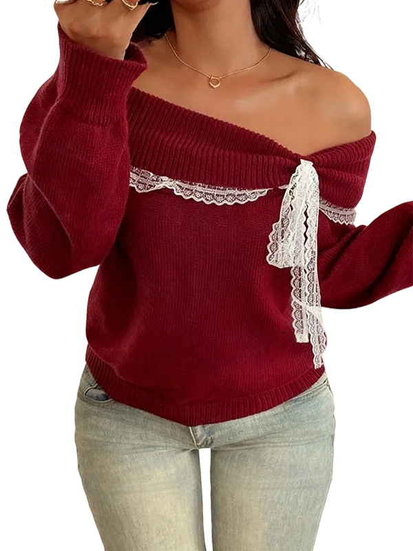 Women's off-shoulder lace bow sweater