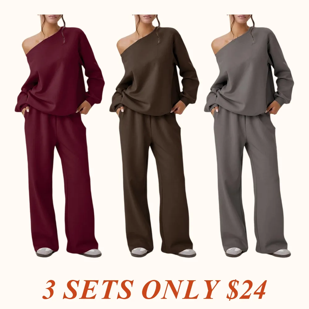 Women's Leisure Solid Color Sloping Shoulder Long Sleeve Top & Wide Leg Trousers Co-ord
