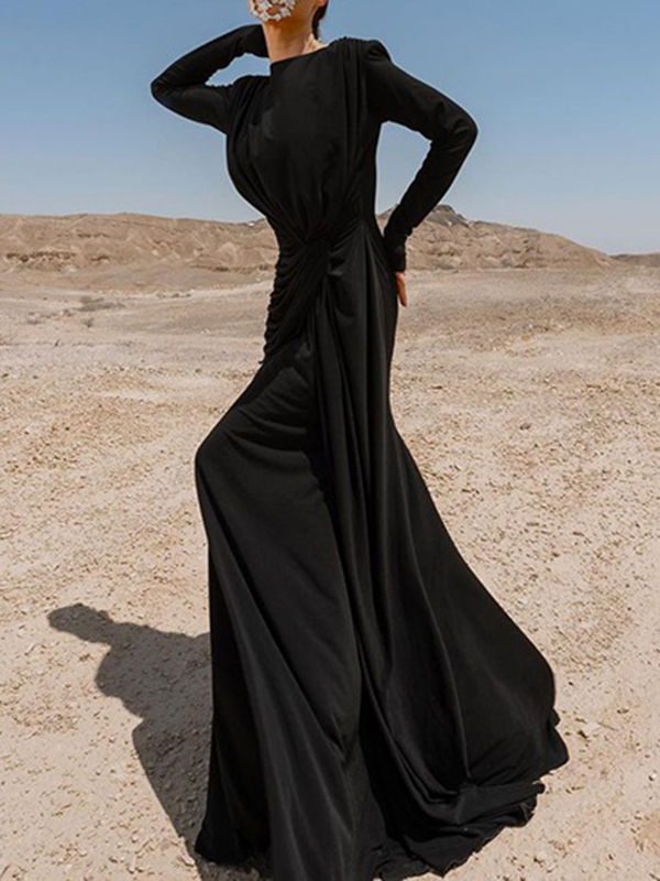 Solid Color Long Sleeves Mermaid Round-neck Maxi Dresses Evening Dresses