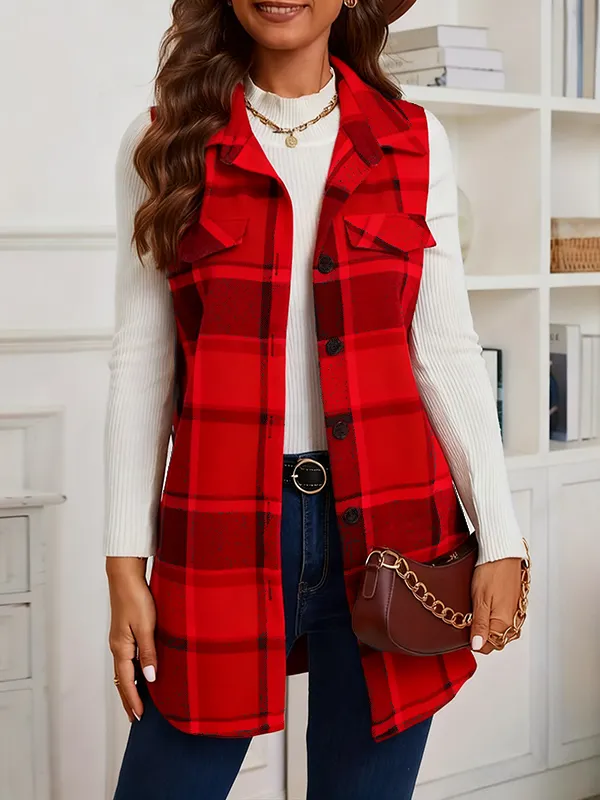 Women's Plaid Print Button Front Vest Coat