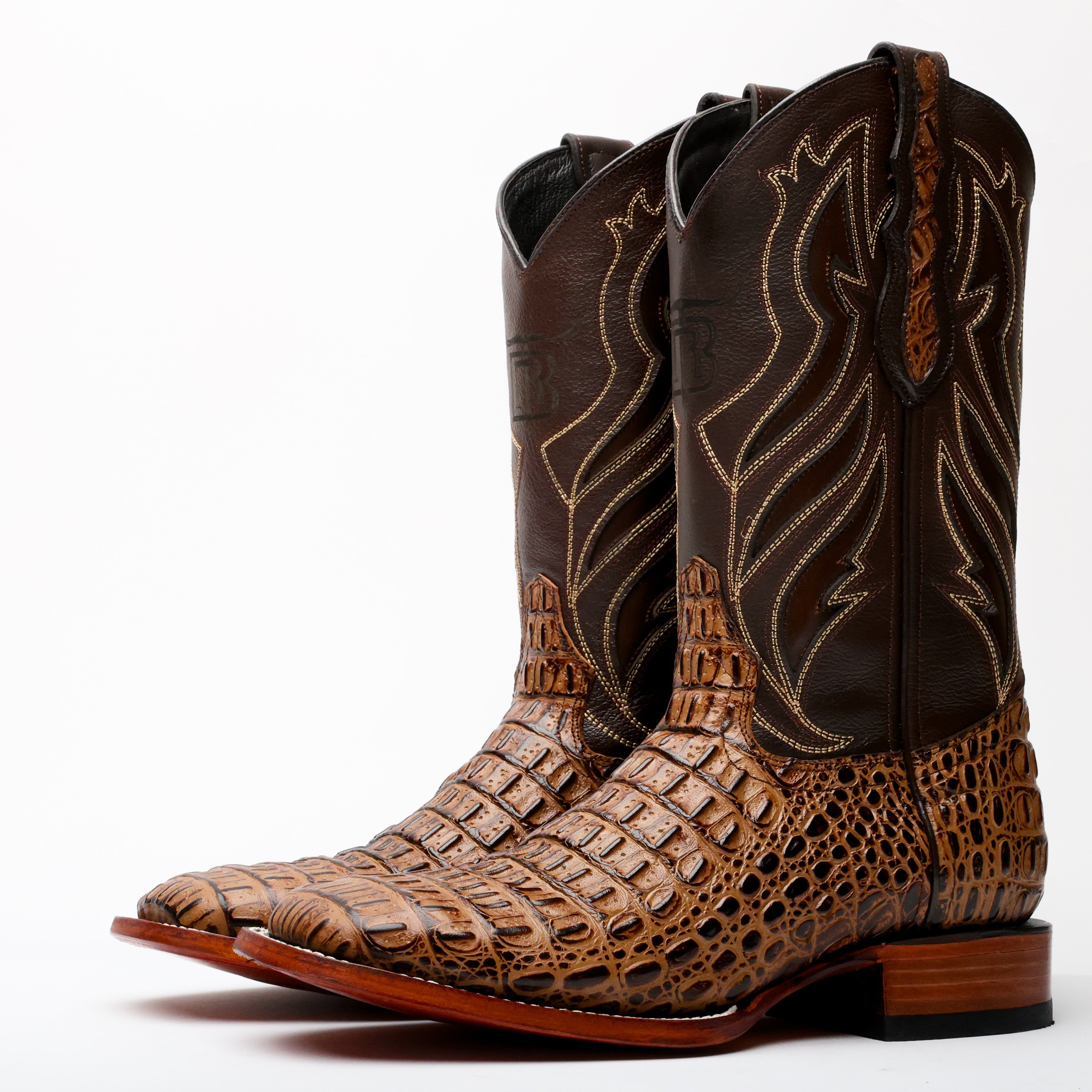 Honey Caiman Hornback Leather Boots - Square Toe