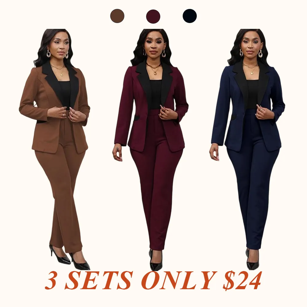 Women's Colorblock Blazer & Straight Leg Pants Set Suits