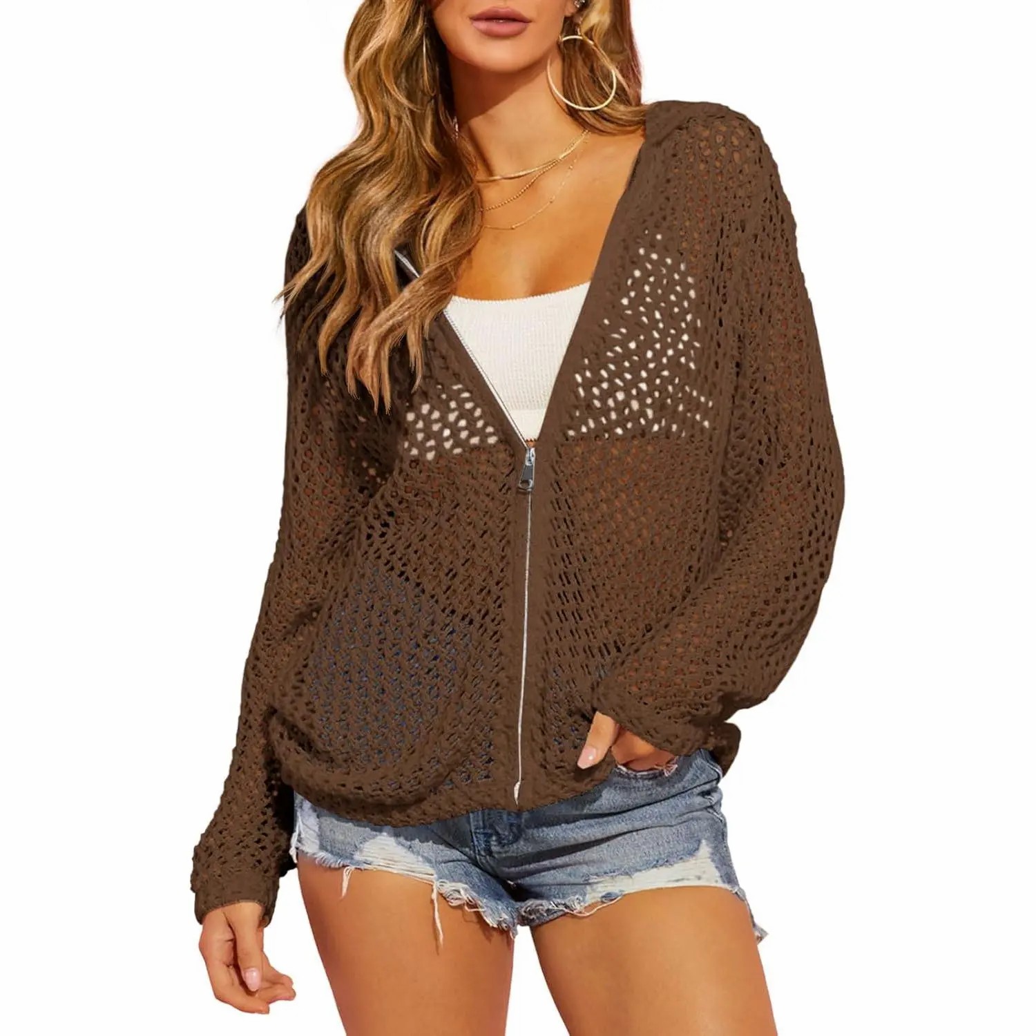 Women's Crochet Lightweight Cardigan – Zip Up Hooded Mesh Beach Cover Up