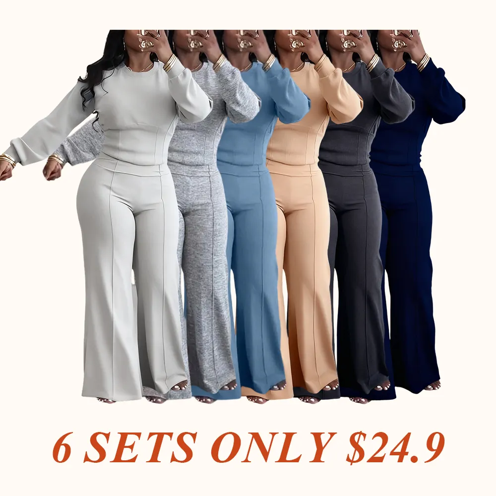 Women's 2 Pieces Outfit O-neck Long Sleeve Cinched Waist Sweatshirt and Elastic Waist Wide Leg Pants Set