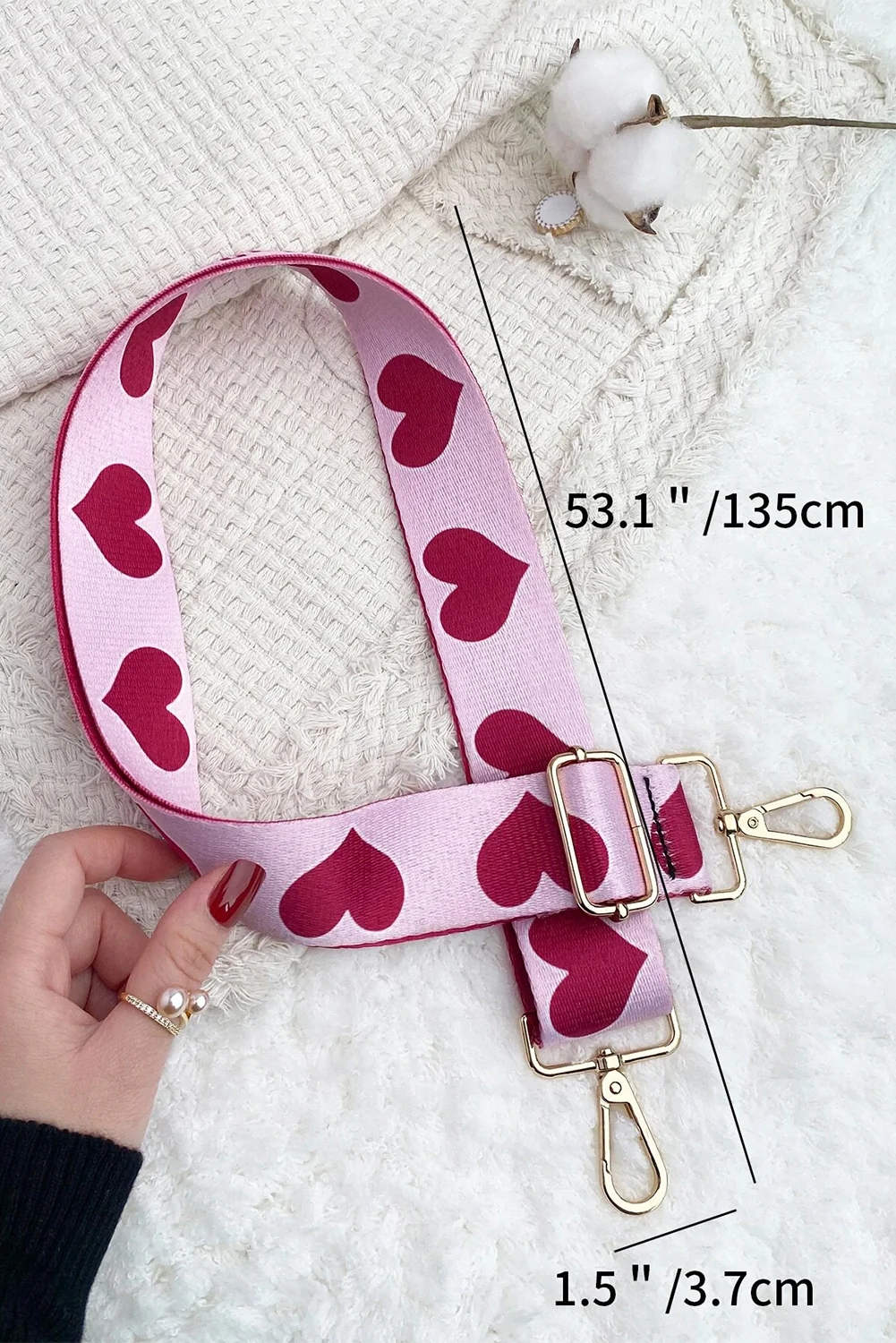 Bright Pink Heart Shape Print Adjustable Wide Bag Strap