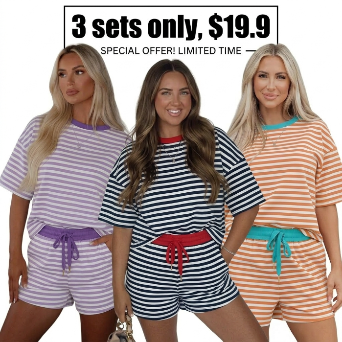 Women's Stripe Drop Shoulder T-Shirt & Short Set