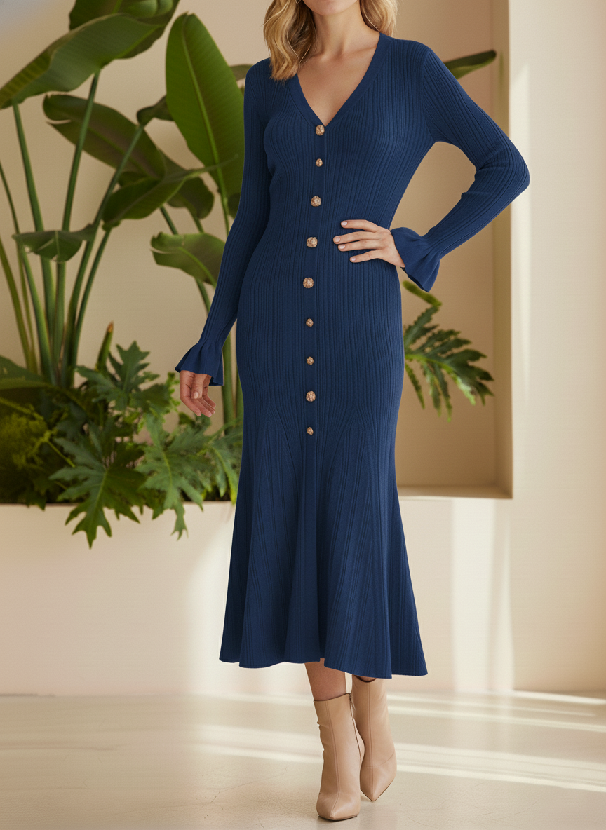 NEW🔥 Casual Solid V-Neck Woolen Dress