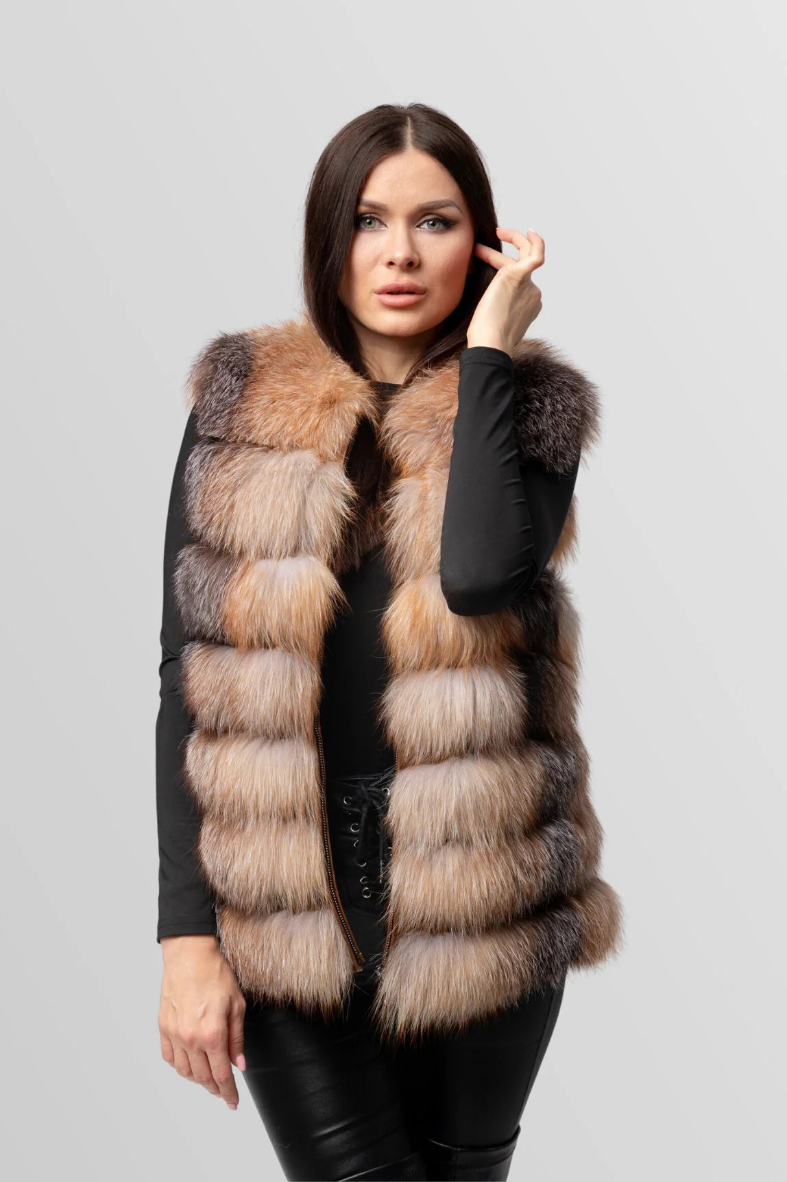 Haină din Blană Naturală de Vulpe Argintie, Transformabilă 6 în 1, Femei, Brown Frost 241