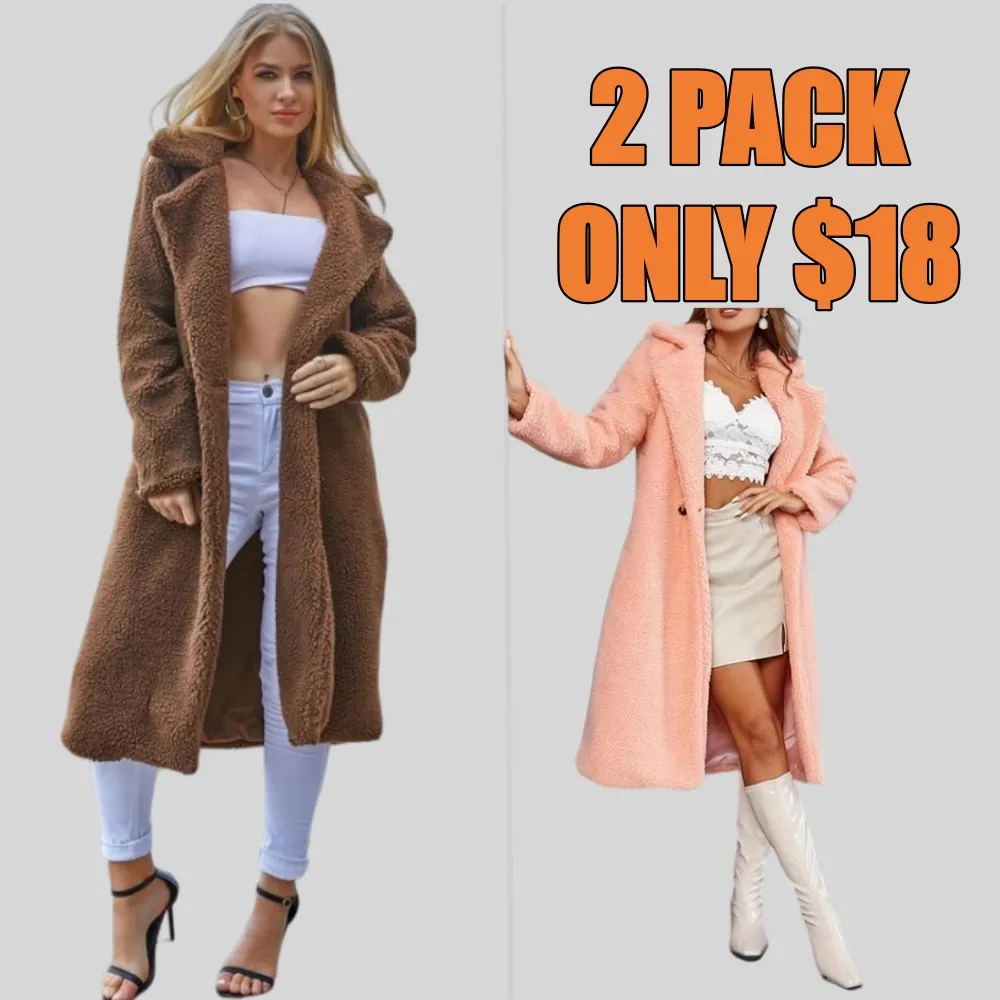 Women Faux Fur Pocket Button Lapel Coat