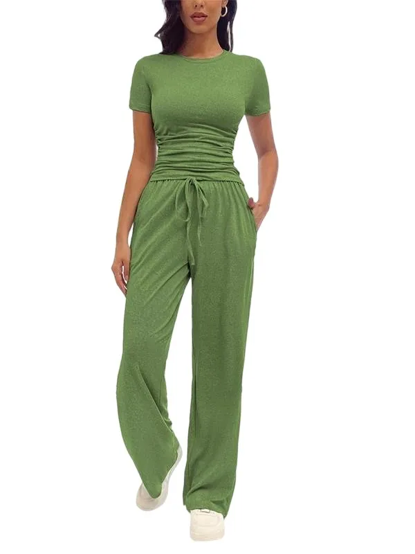 Women's Solid Round Neck Tee & Pants Loungewear