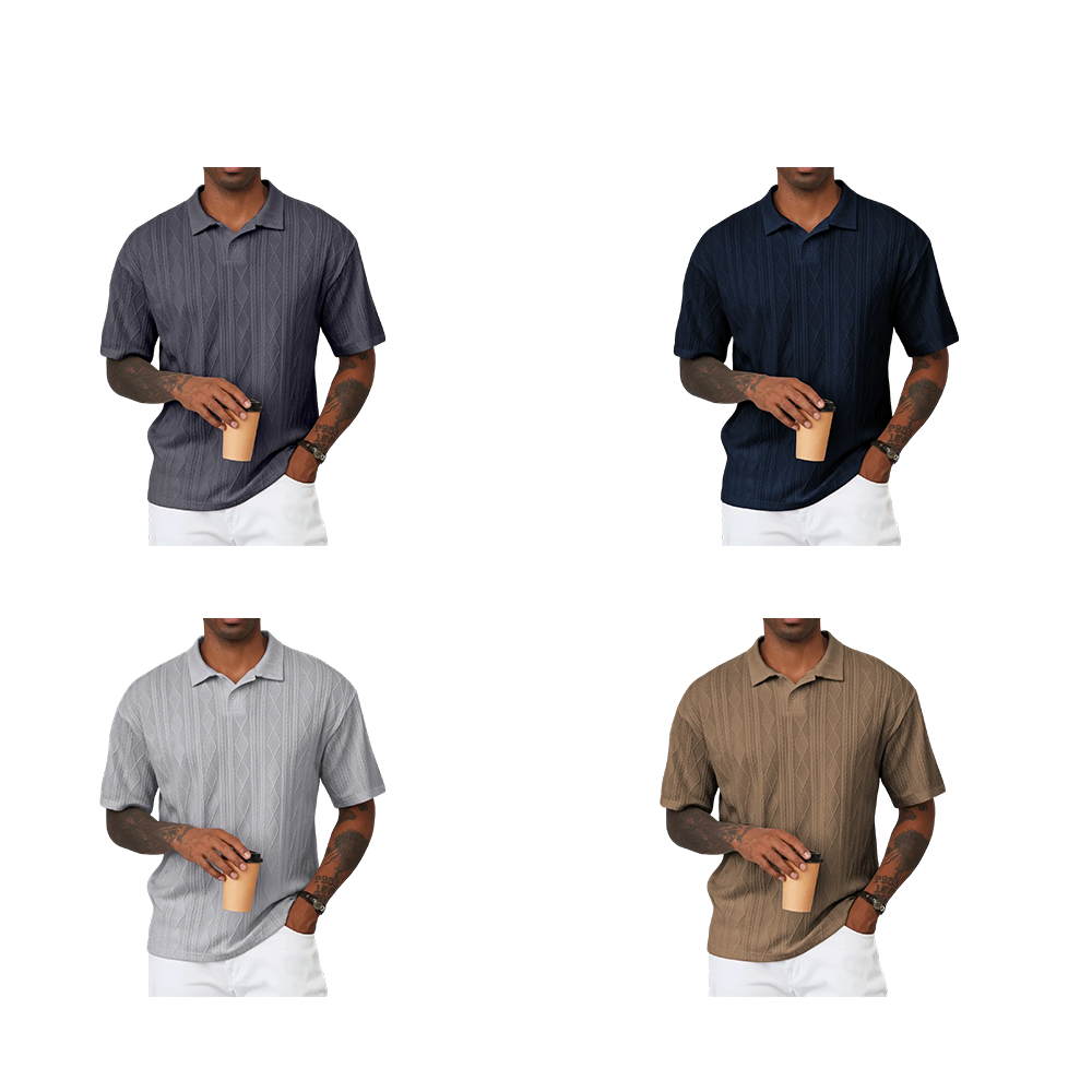 Men Casual Polo Shirt Short Sleeve Textured Beach Button Knit Stretchy Classic Shirts