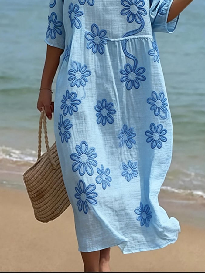 Women's Casual  Round Neck Mid Sleeve Print Cotton and Linen Dress- Fast Shipping